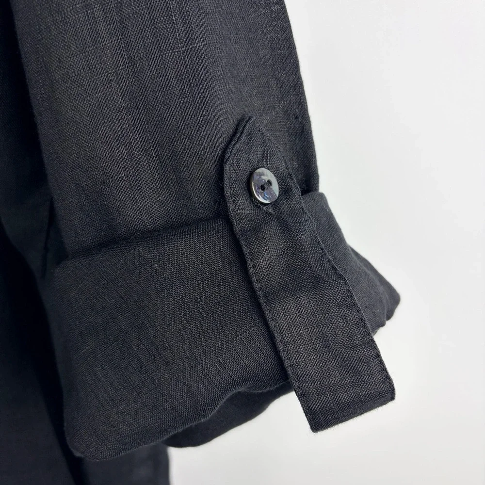 Magaschoni Black 100% Linen Button Down Shirt Roll Tab Sleeve Medium - Picture 7 of 15